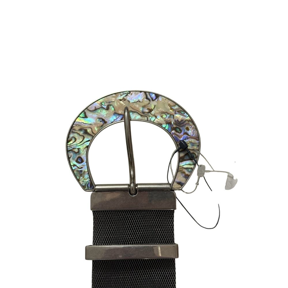 Ralph Lauren Purple Label Seashell-Buckle Abalone Brass Chain Silver Mesh Belt
